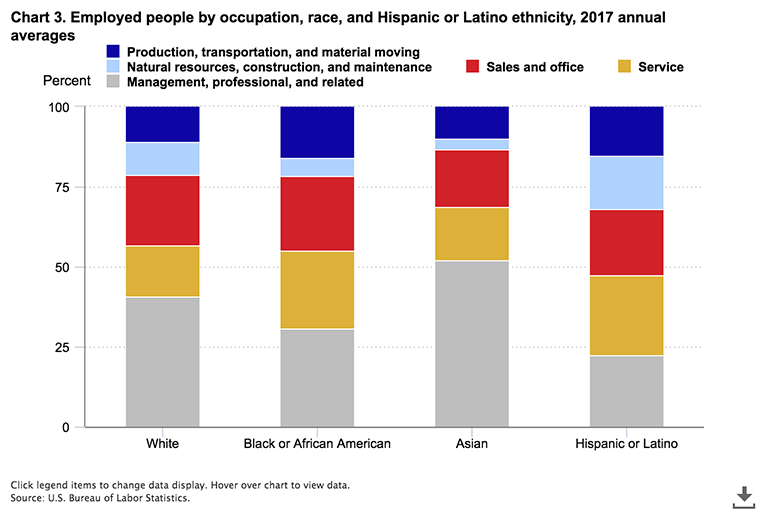 Chart showing racial demographic of different types of occupation in the US