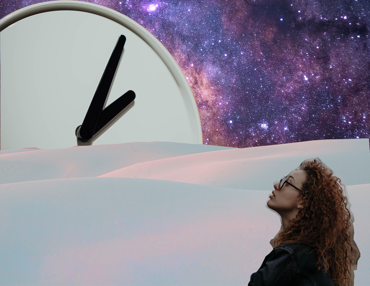 Digital collage of a space and pastel desert landscape with a looming clock and person looking out